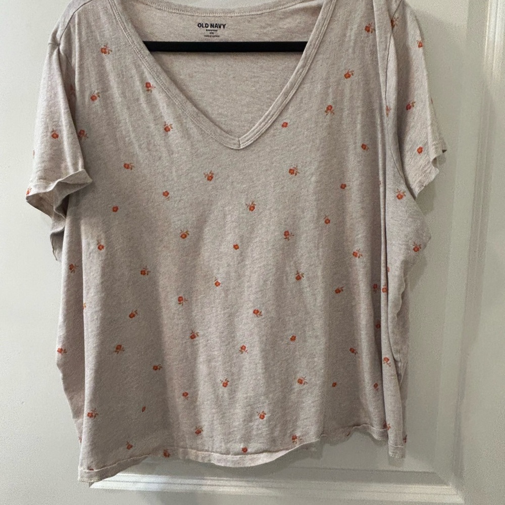 Old Navy Women's Beige Tee with Orange Floral Accents